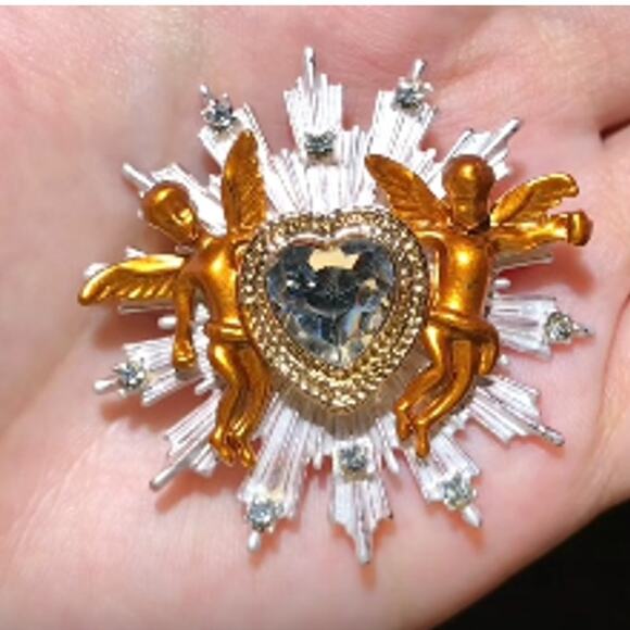 Cherubs and Heart Brooch Faux Jewel Starburst with Rhinestone Trim - Picture 1 of 3
